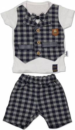 Compleuri copii - Set 2 piese baieti, Ronix, tricou-vesta si pantaloni scurti, Bumbac, Albastru inchis, 74 cm, 9-12 luni