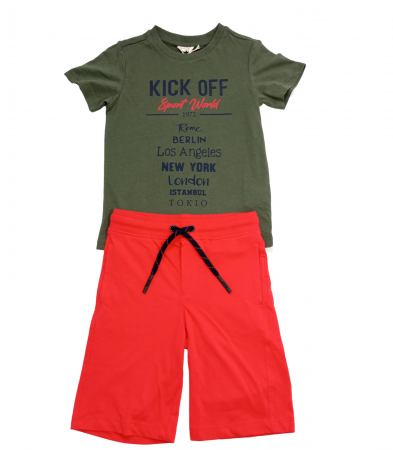 Imbracaminte copii - Set 2 piese copii, OVS, pantaloni scurti si tricou, Bumbac organic, Kaki & Rosu, 110 CM, 4-5 ani
