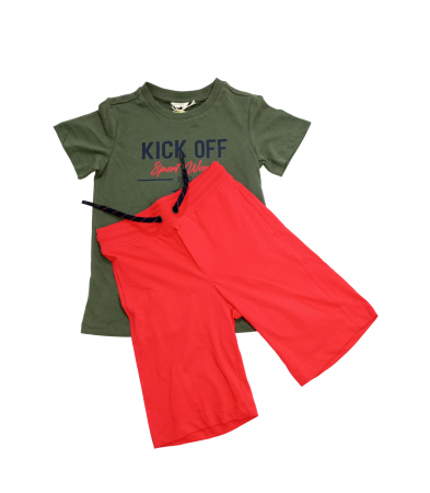 Set 2 piese copii, OVS, pantaloni scurti si tricou, Bumbac organic, Kaki & Rosu, 110 CM, 4-5 ani [1]