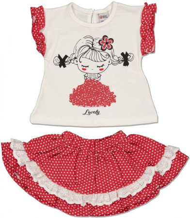 Compleuri copii - Set 2 piese, fete, Wood Baby, Fetita cu codite, Bumbac, Rosu, 74 cm, 9 luni
