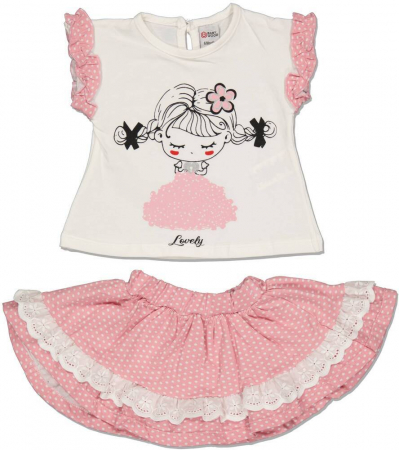 Compleuri copii - Set 2 piese, fete, Wood Baby, Fetita cu codite, Bumbac, Roz, 68 cm, 6 luni