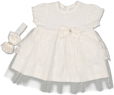 Compleuri copii - Set 2 piese fete, PUAN Baby, rochita si bentita, Bumbac, Alb, 74 cm, 9-12 luni