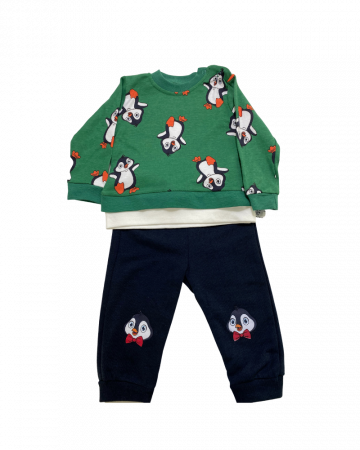 Compleuri copii - Set 2 piese pantaloni si bluza verde - Pinguini