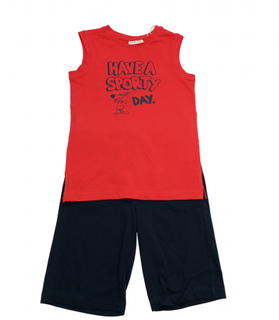 Imbracaminte copii - Set 2 piese sport baieti, OVS, pantaloni scurti si maiou, Bumbac organic, Rosu & Albastru, 116 CM, 5-6 ani