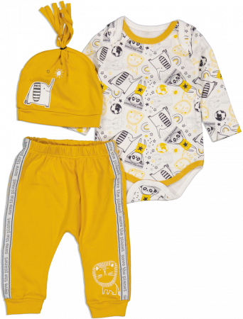 Imbracaminte copii - Set 3 piese baieti, Miniworld, Save the planet, bumbac, Galben mustar, 62-68 cm, 3-6 luni