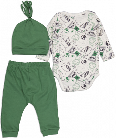 Set 3 piese baieti, Miniworld, Save the planet, bumbac, Verde inchis, 68-74 cm, 6-9 luni [1]