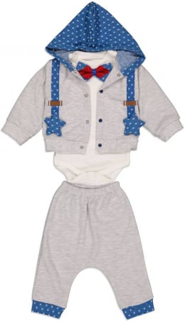Imbracaminte copii - Set 3 piese, baieti, Babyim, hanorac, body si pantaloni, papion si stelute, bumbac, 