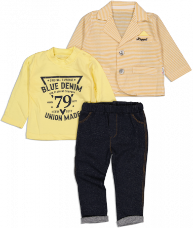 Imbracaminte copii - Set 3 piese baieti, Hippil, sacou, bluza si pantaloni, Bumbac, Galben, 68 CM, 6 luni