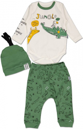 Compleuri copii - Set 3 piese baieti, Miniworld, Jungle buddies, Bumbac, Kaki, 62-68 CM, 3-6 luni