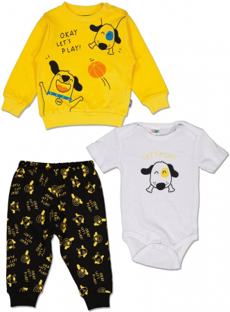 Compleuri copii - Set 3 piese, baieti, Nazar, Okay let's play, Bumbac, Galben, 74 cm, 9 luni