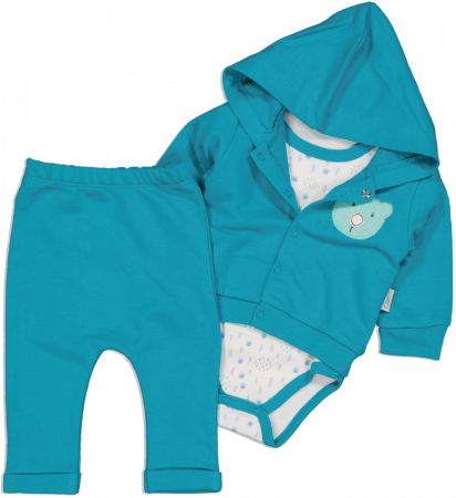 Compleuri copii - Set 3 piese, baieti,TAFYY, body, hanorac cu gluga si pantaloni cu urs, Bumbac, Turcoaz, 56 cm, 1-3 luni