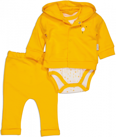 Set 3 piese, baieti,TAFYY, body, hanorac cu gluga si pantaloni cu urs, Bumbac, Galben, 56 cm, 1-3 luni [1]