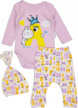 Imbracaminte copii - Set 3 piese fete, PoliFoni Babies, A queen - love, bumbac, Lila, 68 CM, 6-9 luni