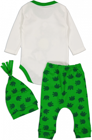 Compleu copii din 3 piese, PoliFoni Babies, Broscuta vesela, Bumbac, Alb/Verde, 62 CM, 3-6 luni [1]