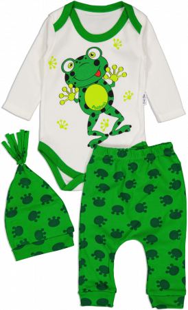 Imbracaminte copii - Compleu copii din 3 piese, PoliFoni Babies, Broscuta vesela, Bumbac, Alb/Verde, 62 CM, 3-6 luni