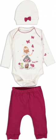 Imbracaminte copii - Set 3 piese fete, Mini Zeyn, Fairy tales, Bumbac, Alb si visiniu, 62 cm, 3-6 luni