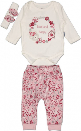 Imbracaminte copii - Set 3 piese fete, Miniworld, Flowers - kind and happy, Bumbac, Lila, 62-68 cm, 3-6 luni