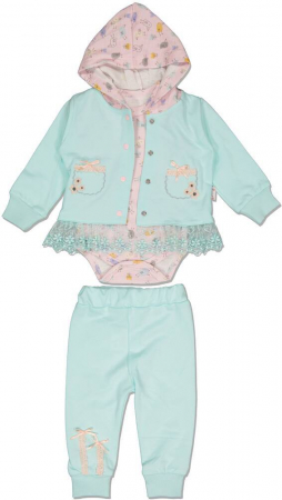 Compleuri copii - Set 3 piese fete, Hippil, Pasarele si fundite, hanorac, body, pantaloni, Mint, 62 CM, 3 luni