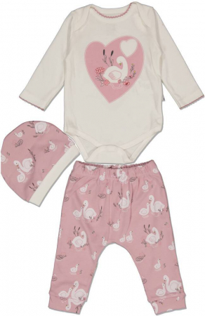 Compleuri copii - Set 3 piese fete, Miniworld, Swan Heart - Lebede, Bumbac, Lila, 62-68 CM, 3-6 luni