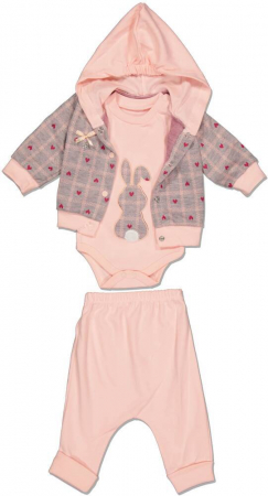 Imbracaminte copii - Compleu 3 piese, fete, Babyim, Iepuras si inimioare, pantaloni, hanorac,body,