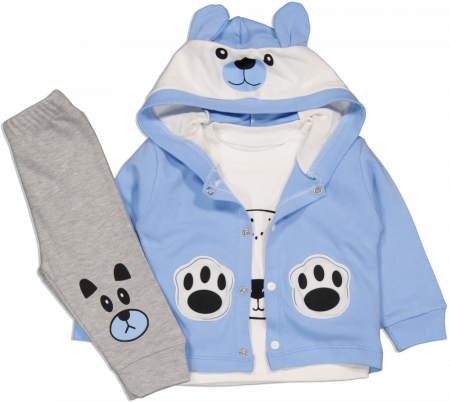 Compleuri copii - Set 3 piese baieti, Mamma, Panda paws, Bumbac, Albastru deschis, 74 cm, 9 luni