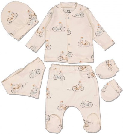Imbracaminte copii - Set 5 piese copii, Esya Baby, imprimeu Biciclete, Bumbac, Crem, 56 CM, 1-3 luni