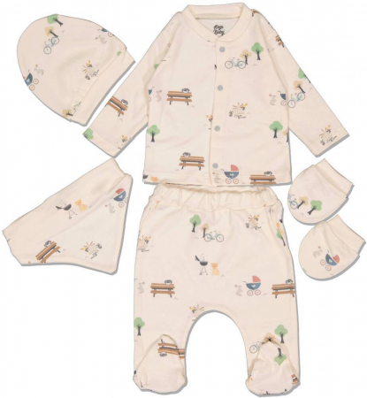 Imbracaminte copii - Set 5 piese copii, Esya Baby, imprimeu picnic cu animale, Bumbac, Crem, 56 CM, 1-3 luni