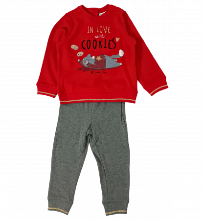 Treninguri lifestyle - Trening flausat fete, OVS, In love with cookies of Santa Claus, Bumbac, Rosu & Gri, 2-3 ani