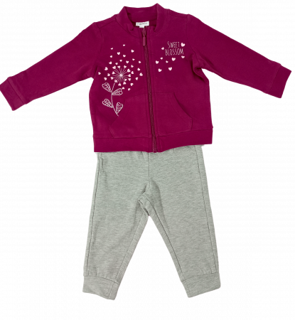 Treninguri lifestyle - Trening flausat fete, OVS, Sweet Blossom - inimioare, pantaloni si bluza cu fermoar, Bumbac, 9-12 luni
