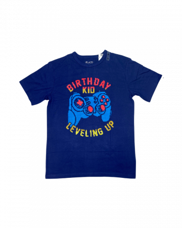 Tricouri copii - Tricou baieti, The Children's PLACE, Leveling up Birthday kid, Bumbac, Albastru inchis, 152 cm, 12 ani