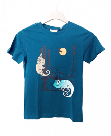 Tricouri copii - Tricou baieti, OVS, Cameleoni, Bumbac organic, Turcoaz, 134 CM, 8-9 ani