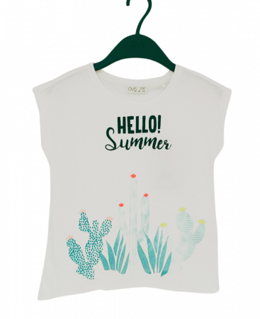 Tricouri copii - Tricou pentru fete, OVS, Cactusi, Bumbac organic, Alb, 104-110 CM, 4-5 ani