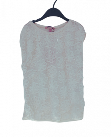 Tricouri copii - Tricou pentru fete, OVS, dantelat cu floricele si paiete, Vascoza/elastan, Alb, 158 CM, 12-13 ani