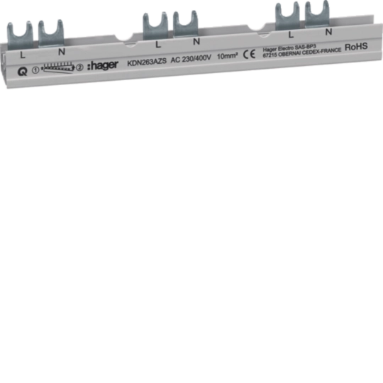 Busbar 2P  furca pentru ARFxxxD, 10M 10mmp 63A, spatiu pt auxiliar, HAGER, KDN263AZS [1]