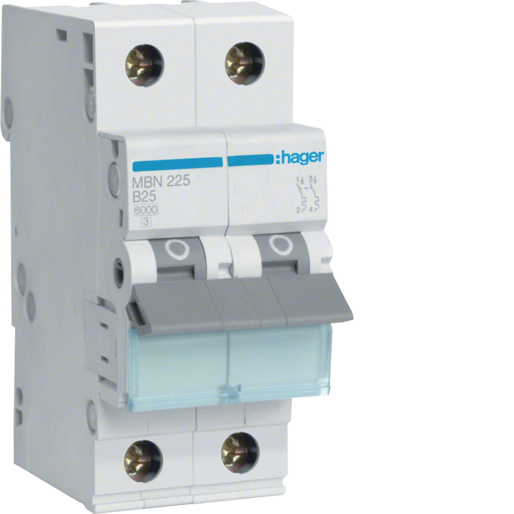 Siguranță automată Hager MBN225 – 2 poli, 25A, 6kA, Curba B, montaj pe șină DIN [1]