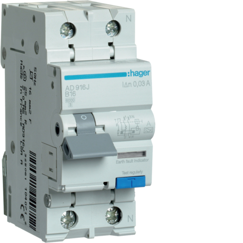 Întrerupător Diferențial RCBO Hager AD916J 16A 30mA 1P+N Curbă B Tip A 6kA – Protecție Instalații Electrice [1]