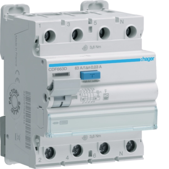 Intrerupator diferential RCCB,  4P 63A, 30mA, tip F, Hager, CDF663D [1]