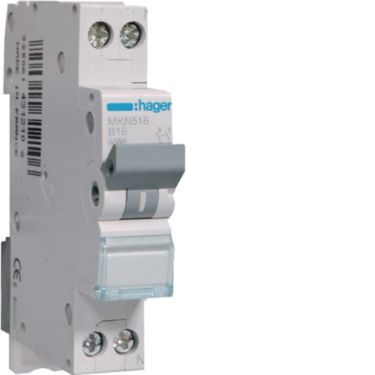 Sigurante si protectii - Siguranta automata Hager MKN516 16A 1P+N curba B 6kA