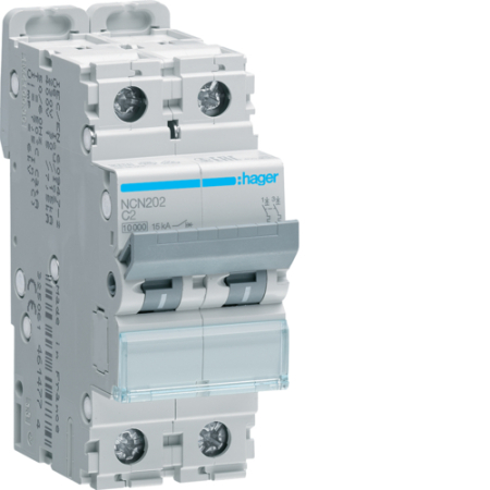 Sigurante si protectii - Disjunctor 2P, 2A, 10kA, C, 2M, Hager, NCN202