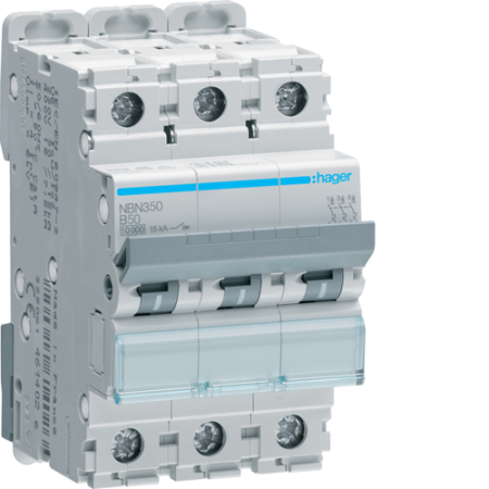 Sigurante si protectii - Disjunctor 3P, 50A, 10kA, B, 3M, Hager, NBN350
