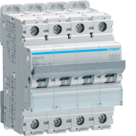 Sigurante si protectii - Disjunctor 4P, 50A, 10kA, B, 4M, Hager, NBN450