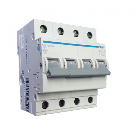 Sigurante si protectii - Disjunctor 4P, 6A, 6kA, Curba B, Hager MB406A