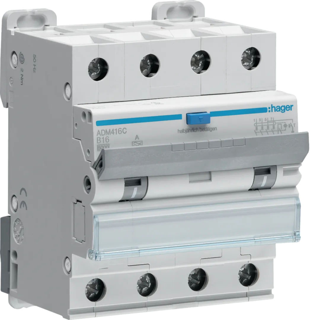 Sigurante si protectii - Disjunctor diferențial RCBO Hager ADM416C 4P 16A 30mA Curba B Tip A 6kA – Protecție instalații trifazate