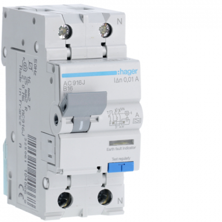 Protectie diferentiala RCBO - Disjunctor diferențial RCBO Hager AC916J 1P+N 16A 10mA Curba B Tip A 6kA – Protecție instalații monofazate