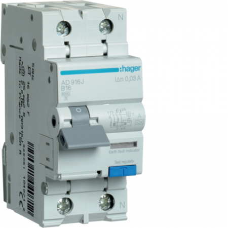 Protectie diferentiala RCBO - Întrerupător Diferențial RCBO Hager AD916J 16A 30mA 1P+N Curbă B Tip A 6kA – Protecție Instalații Electrice