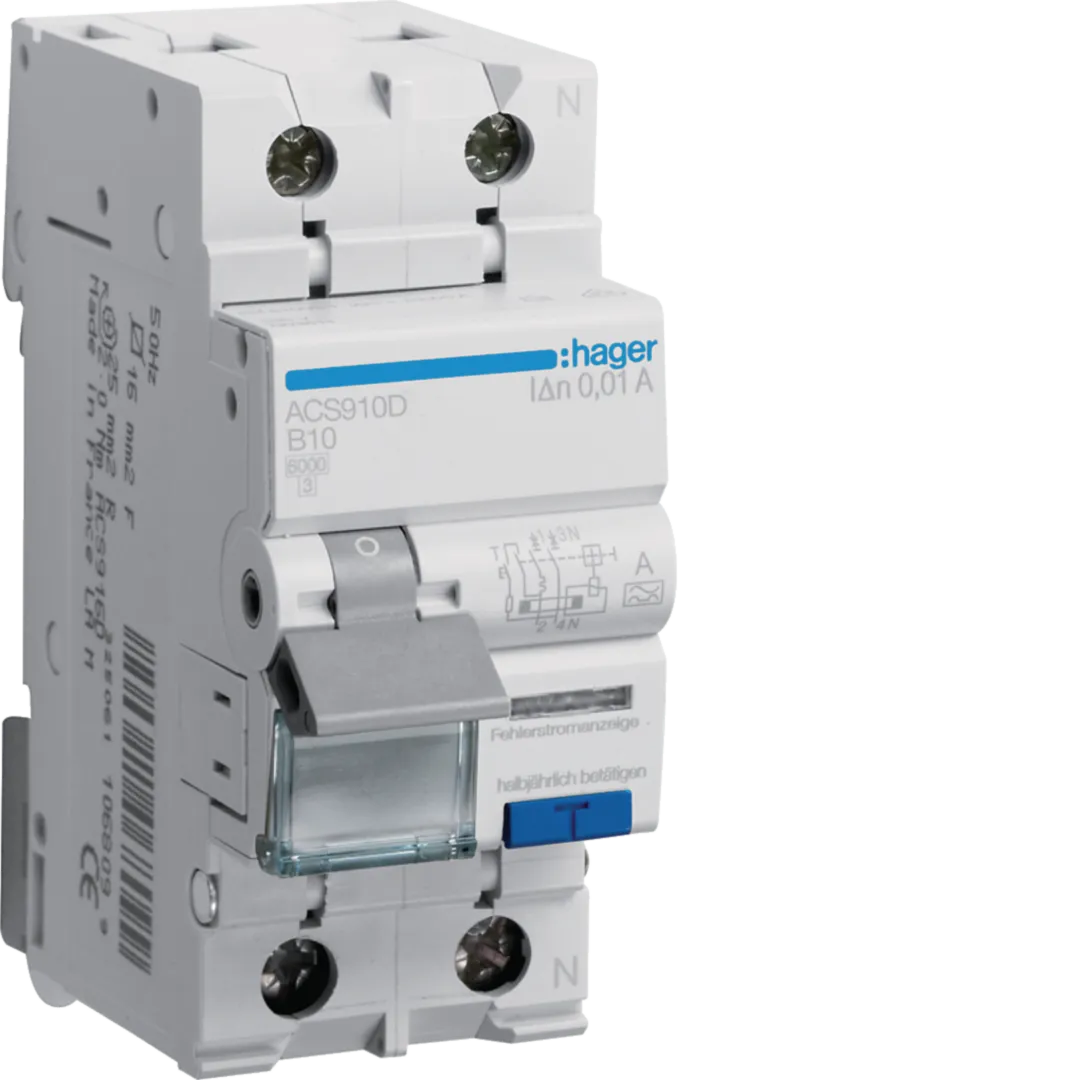 Sigurante si protectii - Disjunctor diferential RCBO 1P+N 10A, 10mA, curba B, tip A Hager QuickConnect ACS910D