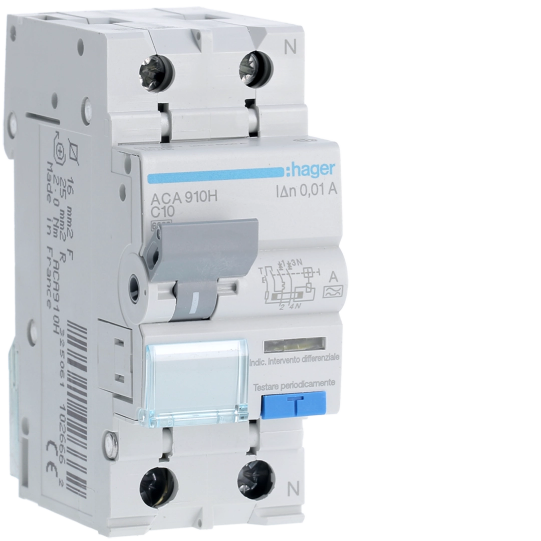 Sigurante si protectii - Disjunctor diferential RCBO 1P+N, 10A, 10mA, curba C, tip A, Hager, ACA910H