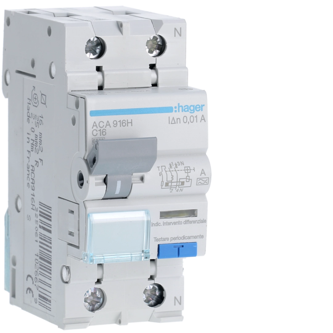 Sigurante si protectii - Disjunctor diferential RCBO 1P+N, 16A, 10mA, curba C, tip A, Hager, ACA916H