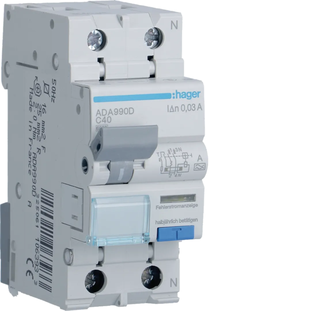 Sigurante si protectii - Disjunctor diferential RCBO 1P+N 40A, 30mA, curba C, tip A Hager ADA990D