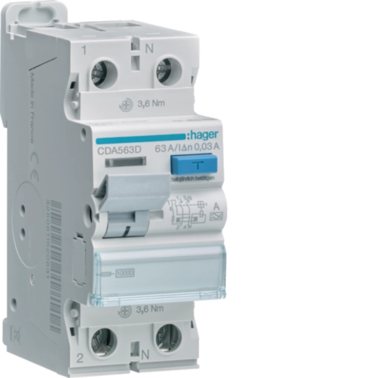 Sigurante si protectii - Intrerupator diferential 2P 10KA, 63A, 30mA, tip A, Hager, CDA563D